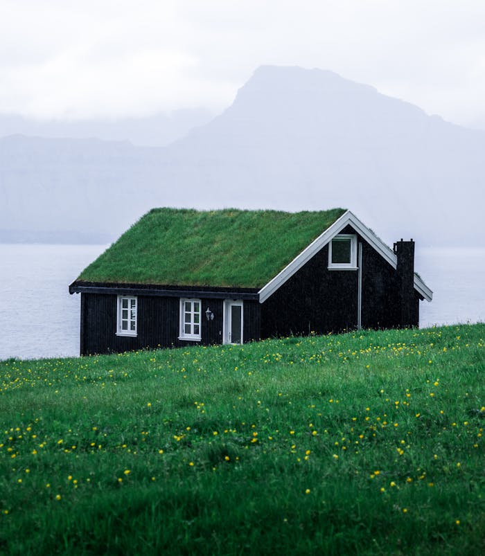 Charming black wooden house with a grass roof in the tranquil Faroe Islands landscape.